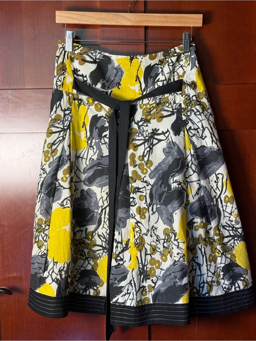 Mix Nouveau Floral Pleated A-Line Midi Skirt Yellow, Gray, White Plus Size 3X